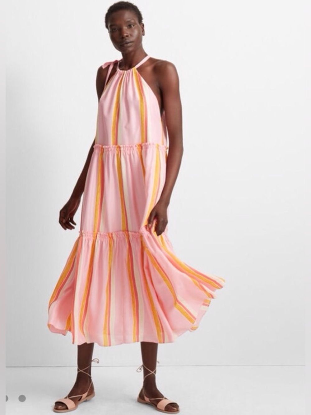 Club Monaco / Amira Silk Pink Striped Halter Tiered Midi Dress - Sz 12
